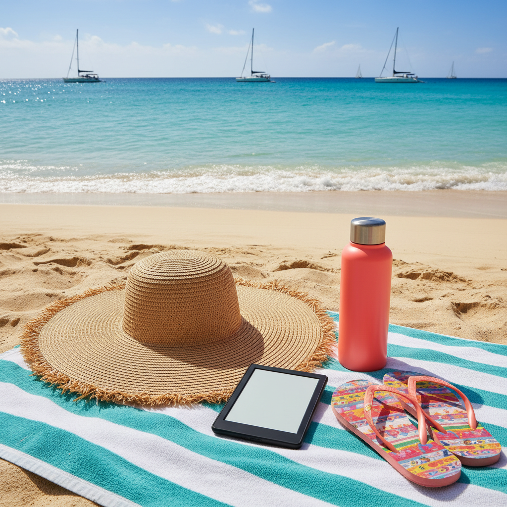 A sunlit tropical beach scene with an oversized woven straw hat resting on a striped teal-and-white beach towel laid out on soft, golden sand. Beside the hat lies an e-reader displaying a blank, glowing screen substitute, a reusable water bottle in bright coral, and a pair of colorful flip-flops angled toward the shoreline. Crystal-clear waves gently roll in the background, where a few sailboats dot the horizon. Captured in photographic realism from a slightly elevated angle, the midday sun creates sparkling highlights on the water and subtle shadows in the sand’s ripples. The mood is carefree, playful, and relaxed, with vibrant blues and warm tones dominating the cheerful composition.