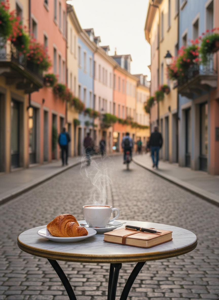 An inviting street scene in a charming European old town, with cobblestone lanes winding between pastel-colored buildings featuring flower-filled balconies. In the foreground, a small round café table holds a steaming cup of hot chocolate, a flaky croissant on a white plate, and a compact travel journal with a pen resting on top. Early morning light spills across the scene, creating long, soft shadows and gentle reflections in nearby windows. Photographic realism with vibrant but natural colors, shot at eye level with a shallow depth of field, so the breakfast setup is in crisp focus while the bustling, car-free street behind fades into a playful, dreamy blur.