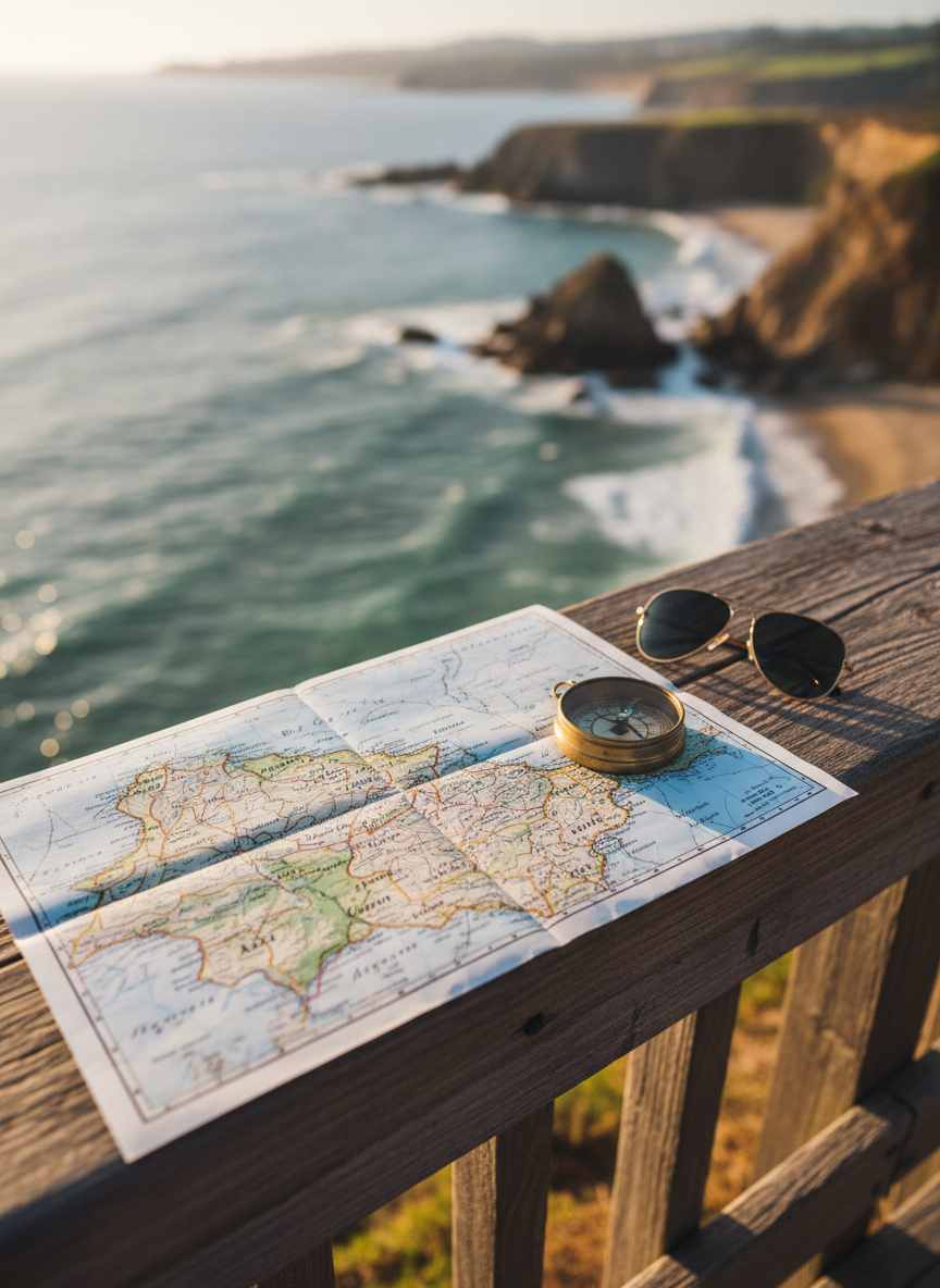 A scenic overlook on a coastal cliff, with a narrow, weathered wooden railing framing a sweeping view of turquoise water and rugged shoreline below. A detailed paper map, slightly crinkled at the edges, is spread across the railing next to a small compass and a pair of folded sunglasses. Golden hour sunlight bathes the scene, making the sea shimmer and casting long, warm shadows across the map’s colorful lines. Captured in photographic realism from a low, close-up angle, using the rule of thirds so the map dominates the foreground while the vast, dreamy seascape stretches into soft-focus distance, evoking playful curiosity and wanderlust.