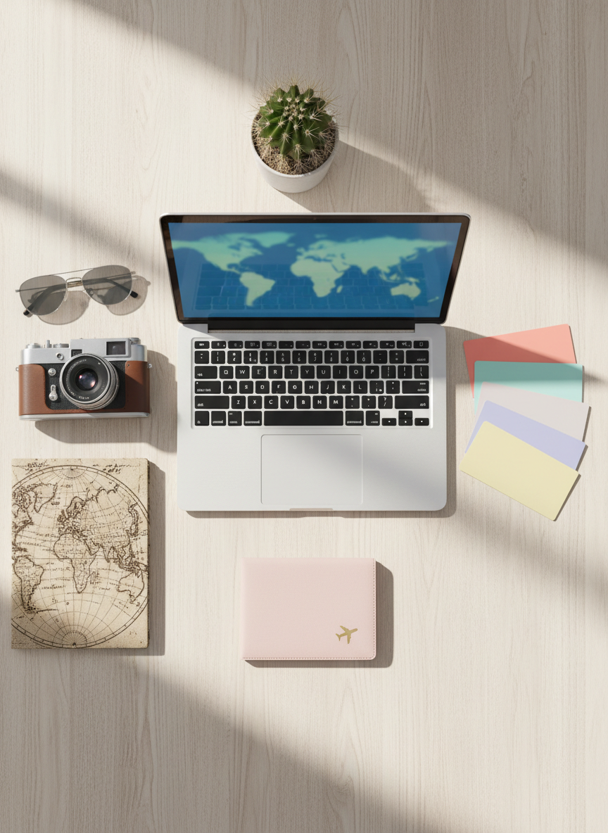 A neatly organized travel flat lay on a light wooden table, featuring a slim silver laptop, a vintage-style camera, a world map-themed notebook, and a colorful set of boarding-pass-like inserts with no visible text. A small potted cactus and a pastel-colored passport cover add playful touches of personality. Soft, diffused window light from the side creates gentle shadows and subtle reflections on metallic surfaces, emphasizing textures without harsh contrast. Photographic realism with a clean, modern aesthetic, shot directly from above for a symmetrical, satisfying composition. The scene feels like a travel blogger’s planning session, energetic yet orderly, inviting viewers to imagine plotting their own trips around the globe.