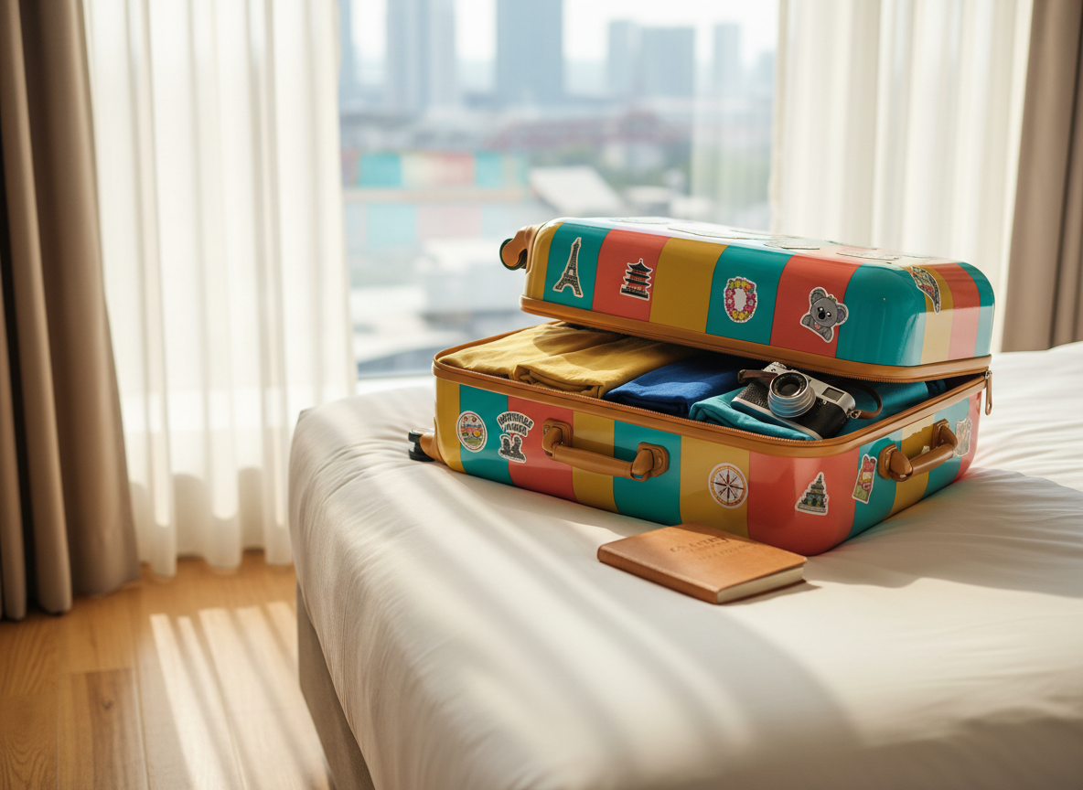 A brightly colored hard-shell carry-on suitcase with playful travel stickers from around the world, standing open on a neatly made white bed in a cozy boutique hotel room. Inside, rolled clothes in sunny yellows and ocean blues, a compact camera, and a well-worn guidebook are carefully arranged. Soft afternoon light filters through sheer curtains, casting gentle, inviting shadows on the wooden floor and highlighting the suitcase’s glossy texture. Photographic realism with a vibrant, cheerful atmosphere, shot from a slightly elevated angle with shallow depth of field, so the suitcase is crisp while the background of a blurred city skyline through the window hints at adventures beyond.
